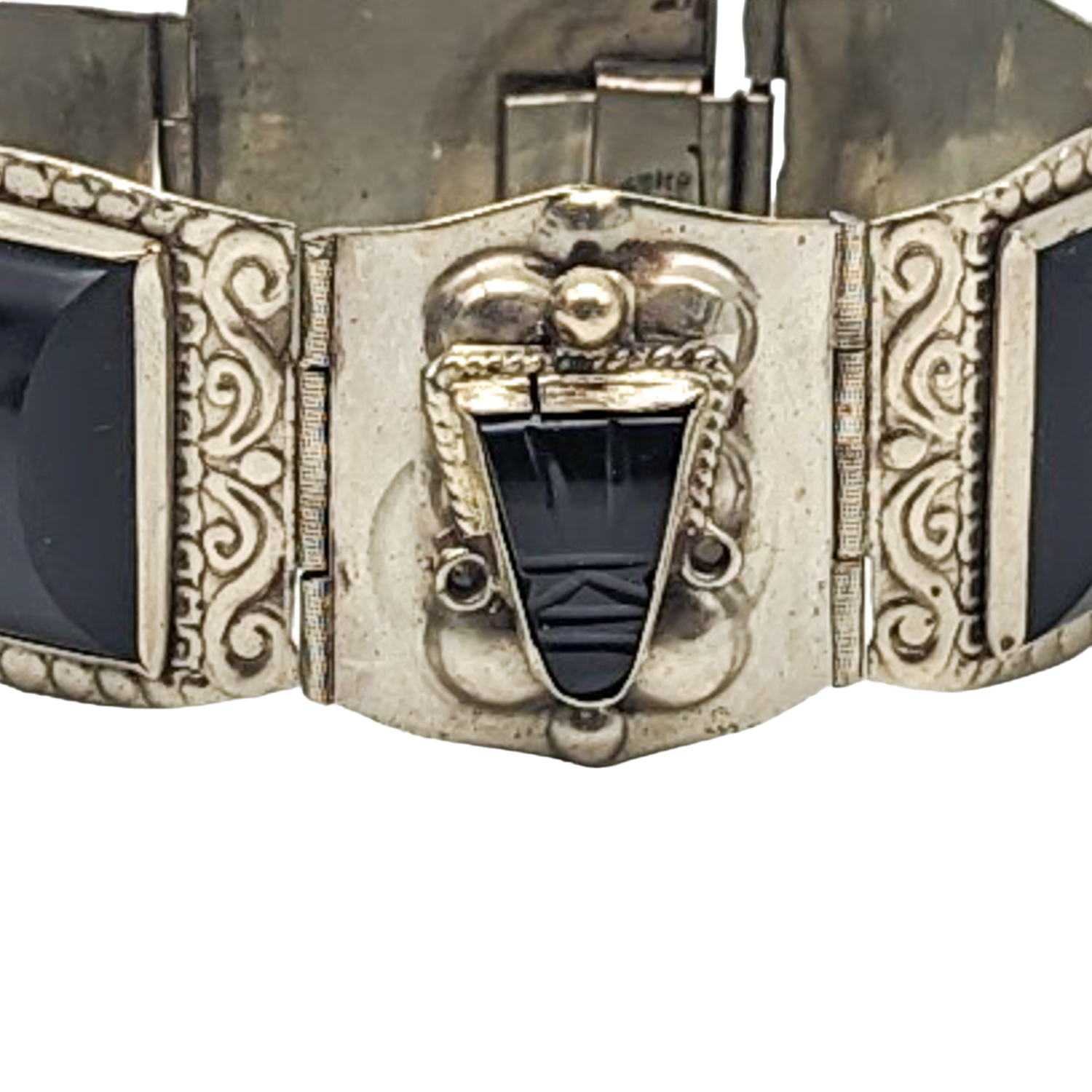 Vintage Sterling Silver Obsidian Aztec Mask Panel Bracelet