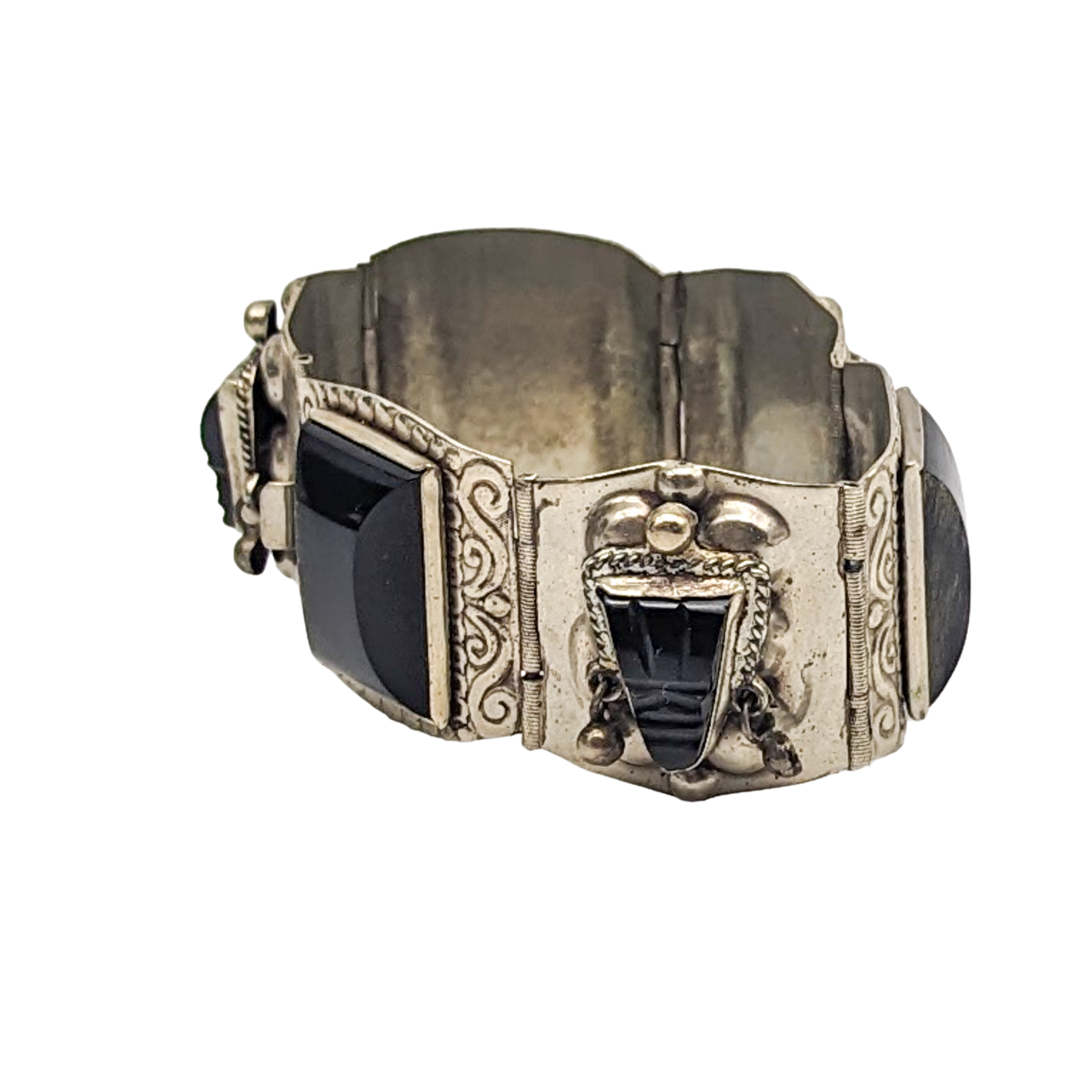 Vintage Sterling Silver Obsidian Aztec Mask Panel Bracelet