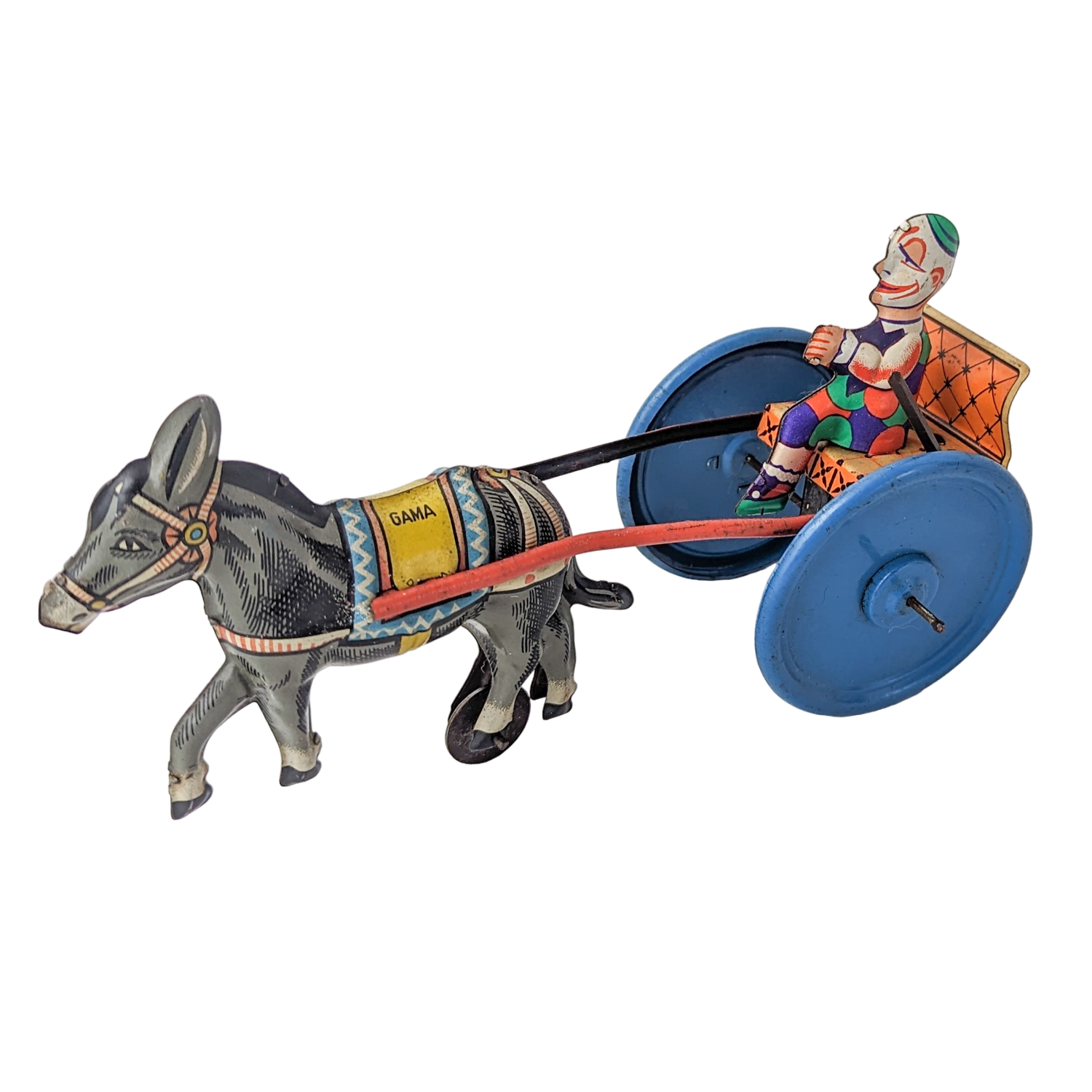 Vintage German Wind Up Clown and Donkey Cart