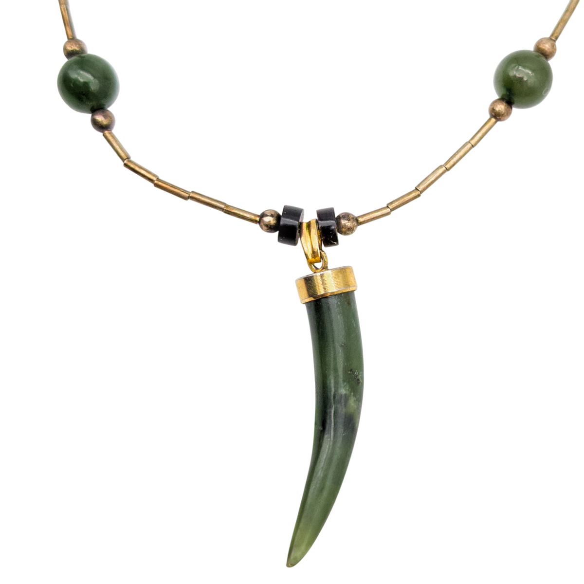 Green Jade Horn Charm Pendant Necklace - Handmade With Beaded Cord, Carved Gemstone