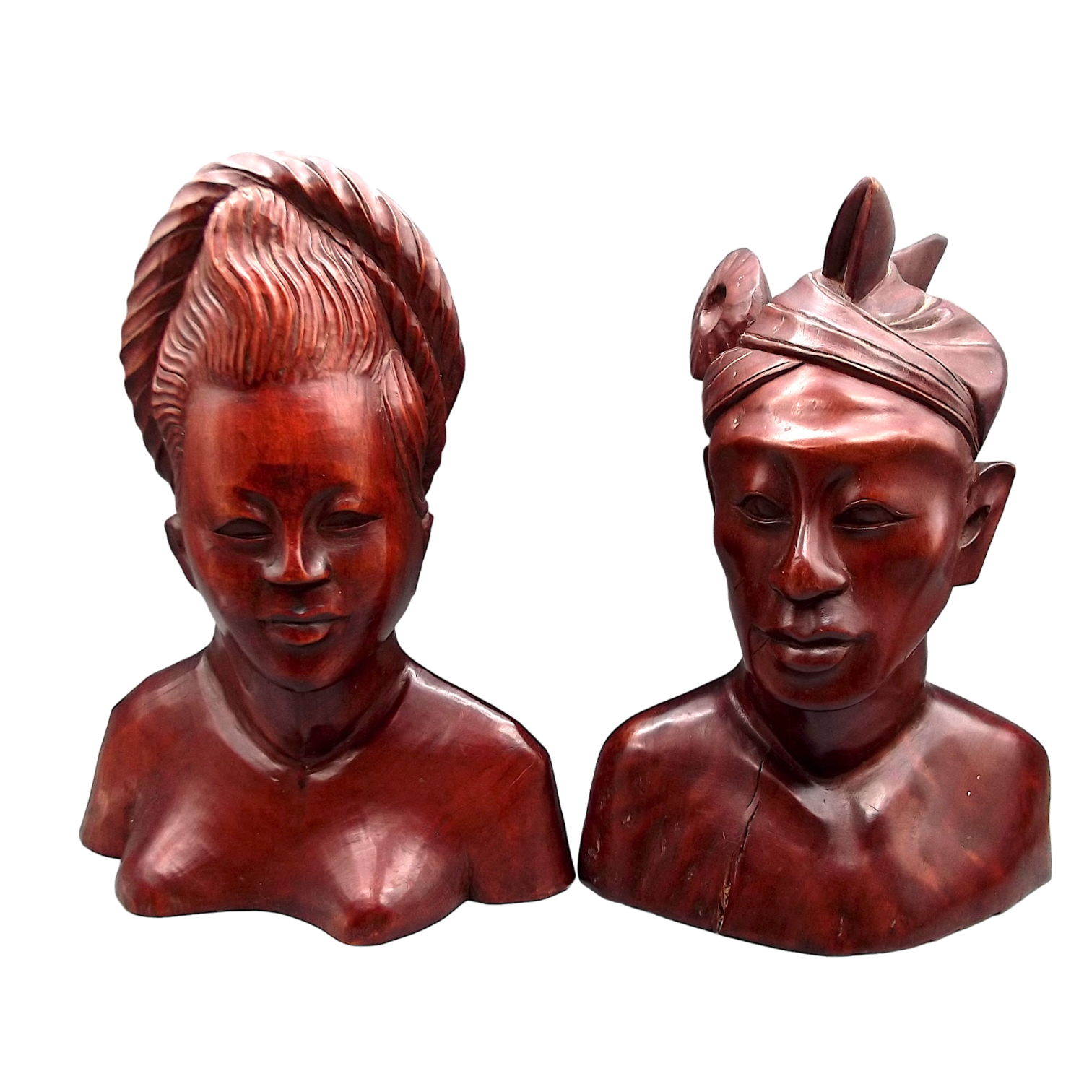 Vintage Indonesian Hand Carved Bust Pair Man & Woman
