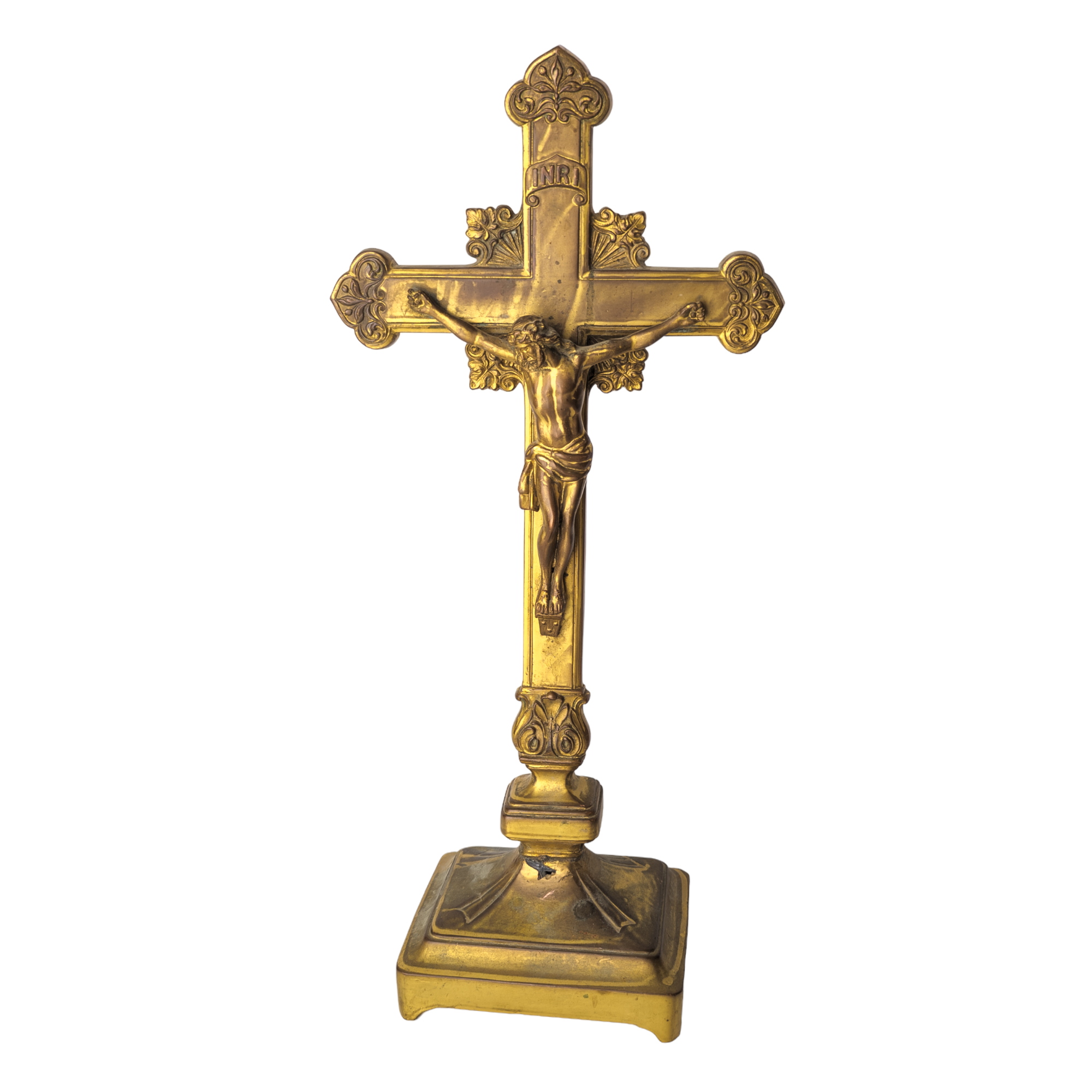 Antique Victorian Gilded Cast Metal Altar Crucifix