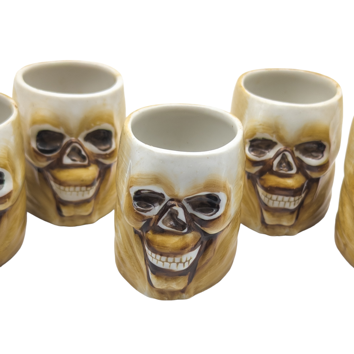 Rare 1940s Porcelain Memento Mori Sake Shot Glass Set