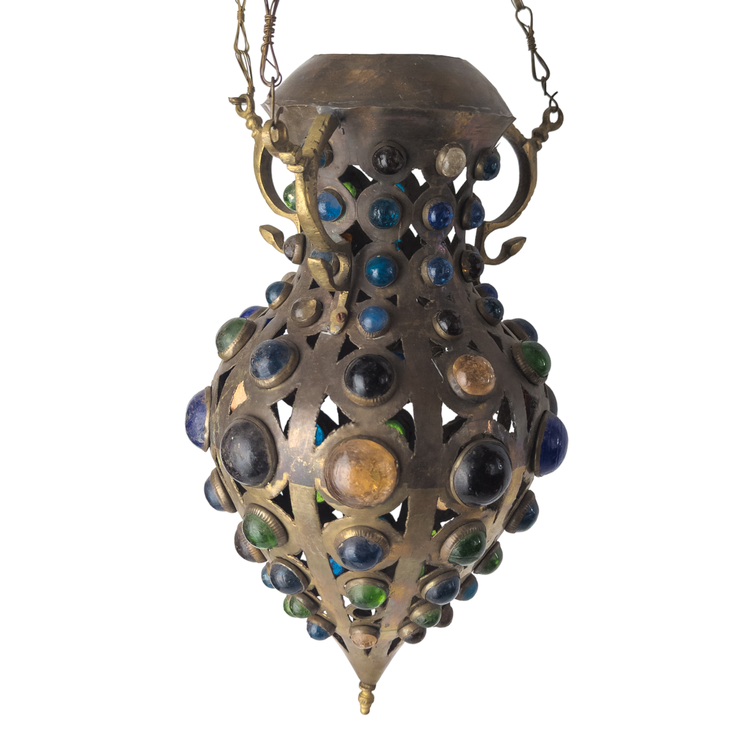 Antique Victorian Jeweled Brass Hanging Lantern