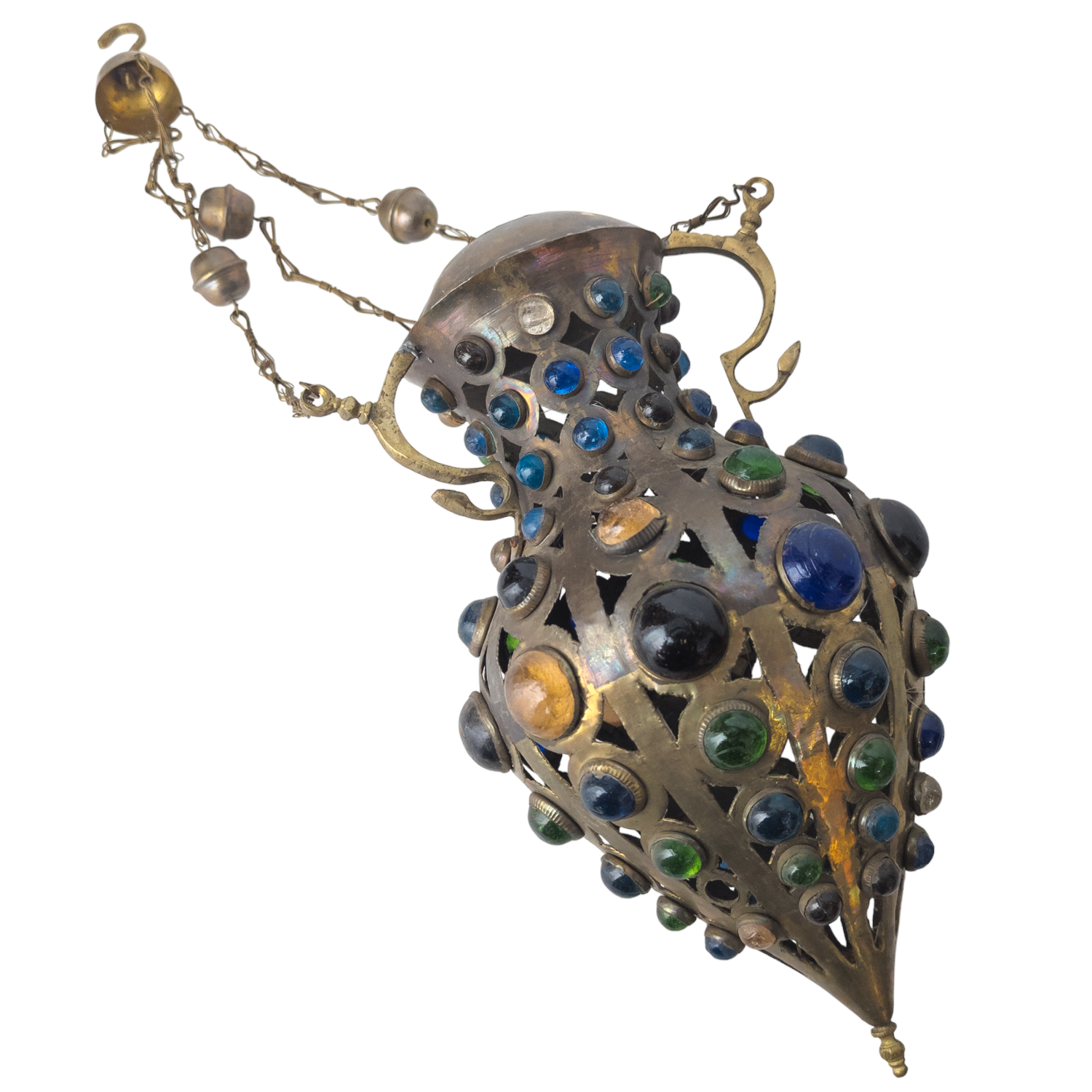 Antique Victorian Jeweled Brass Hanging Lantern