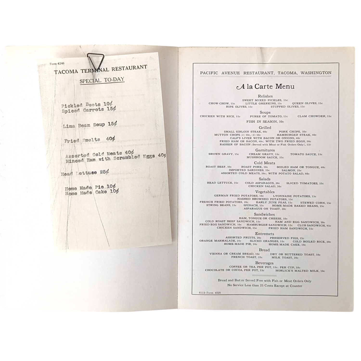 Rare Vintage Tacoma Terminal Restaurant Menu