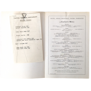 Rare Vintage Tacoma Terminal Restaurant Menu