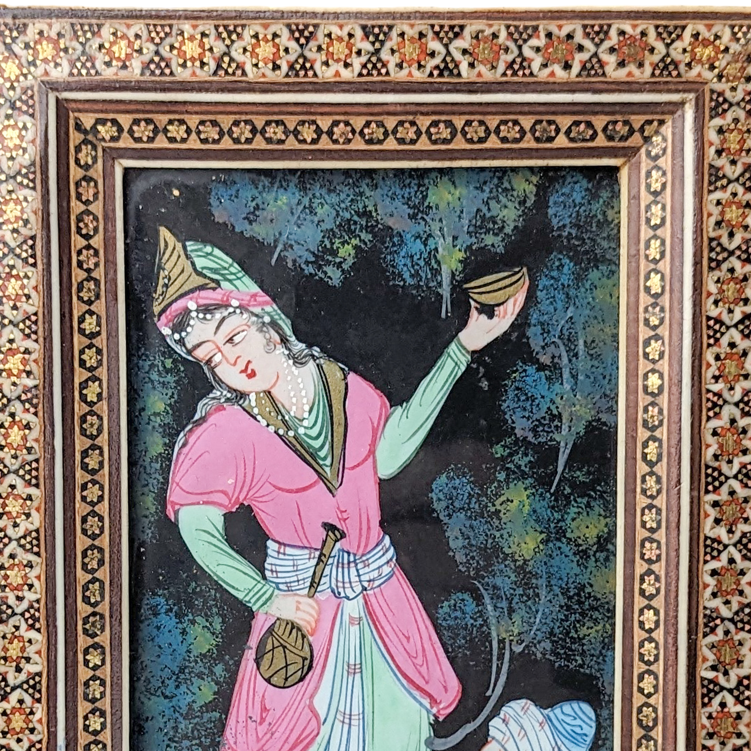 Vintage Persian Original Painting in Khatam Frame