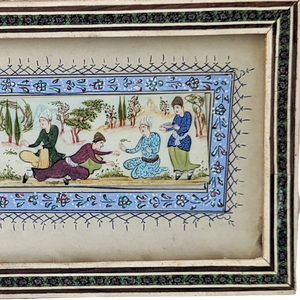 Vintage Persian Original Bone Painting in Khatam Frame