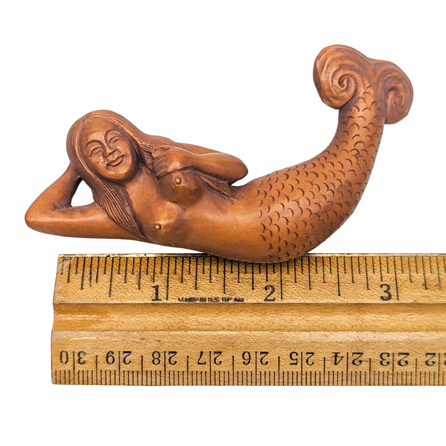 Hand Carved Boxwood Mermaid Netsuke Figurine