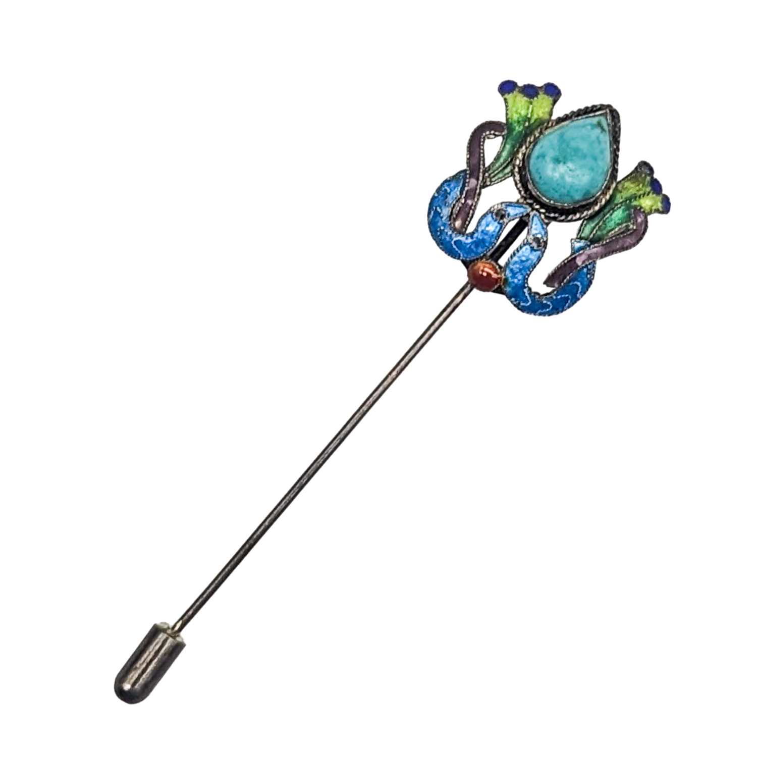 Antique Chinese Export Silver Enamel Turquoise Stick Pin