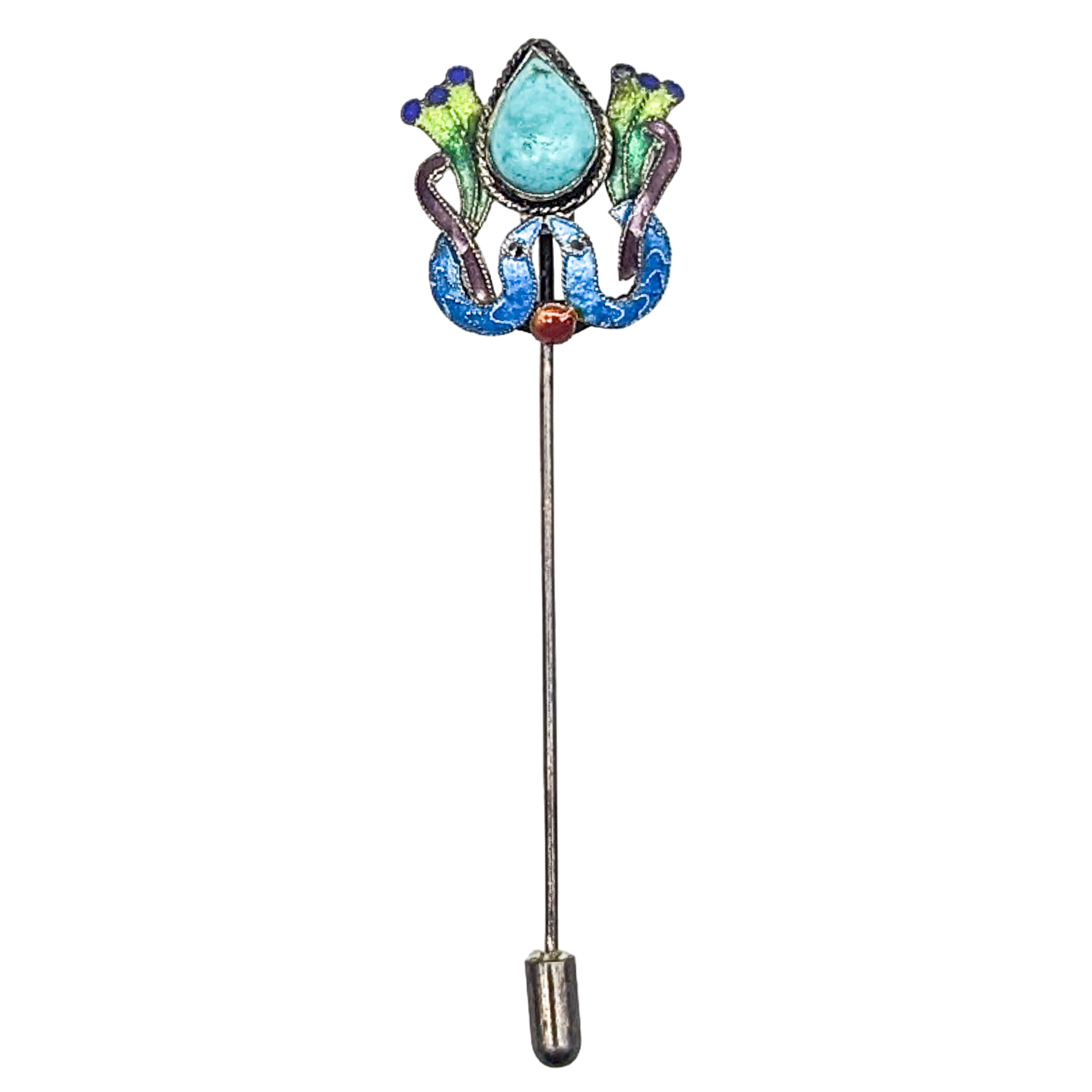 Antique Chinese Export Silver Enamel Turquoise Stick Pin