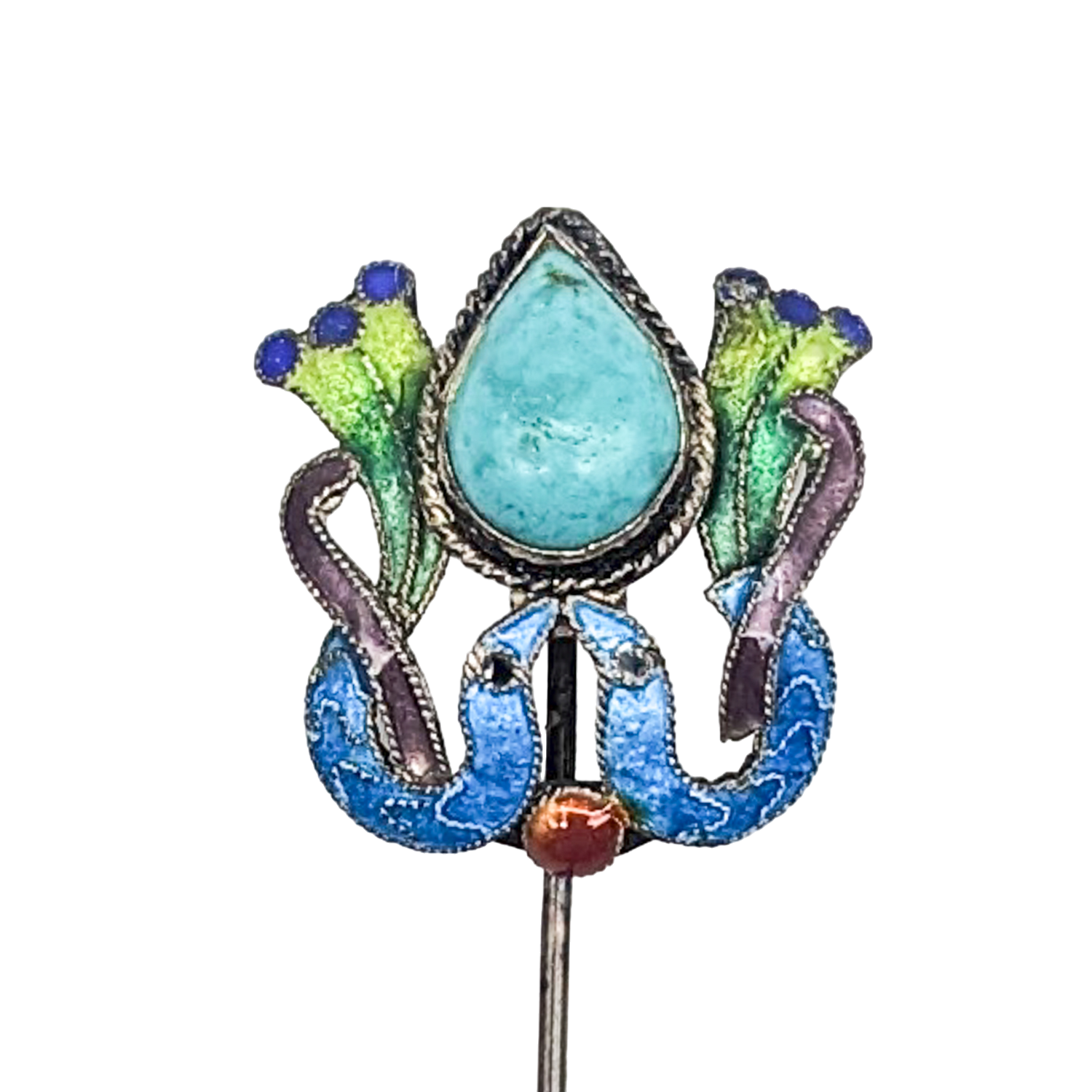 Antique Chinese Export Silver Enamel Turquoise Stick Pin