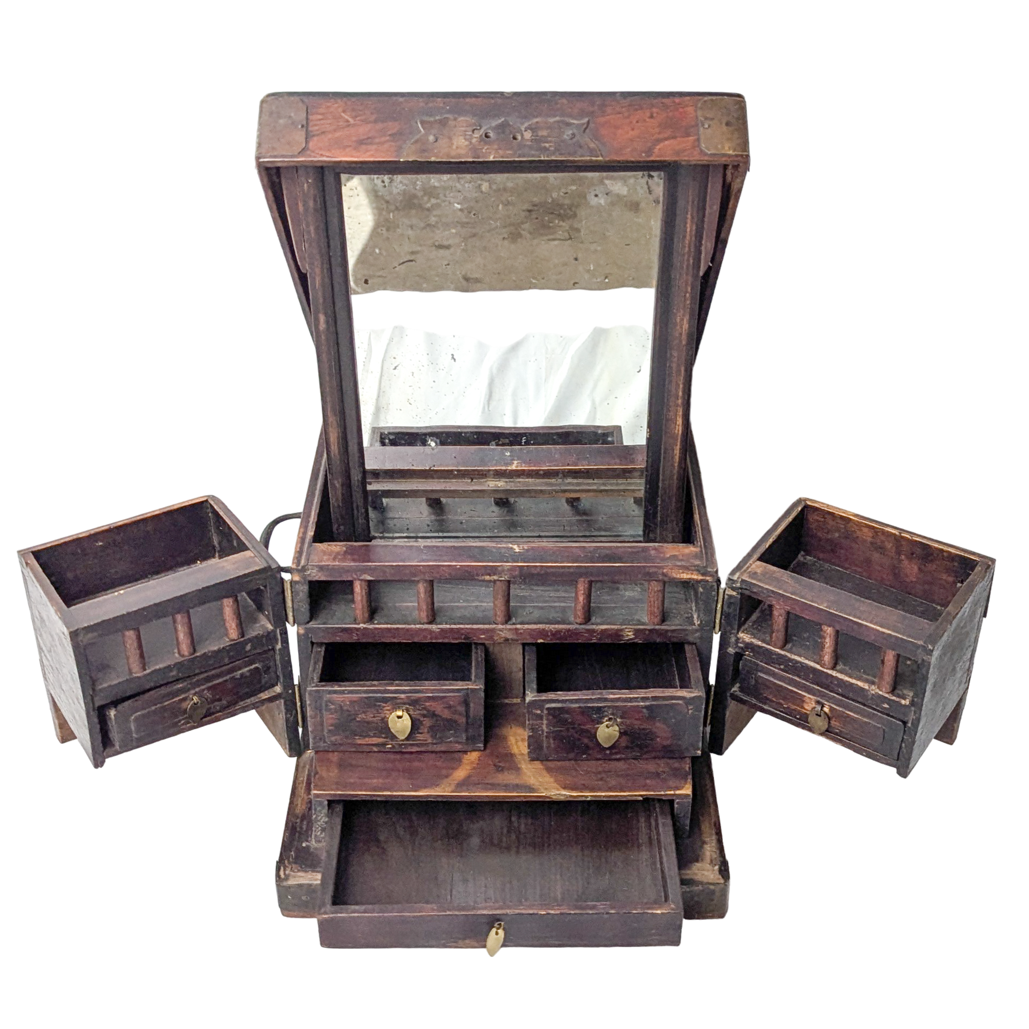 Antique Chinese Wood Travel Foo Dog Dressing Box