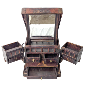 Antique Chinese Wood Travel Foo Dog Dressing Box