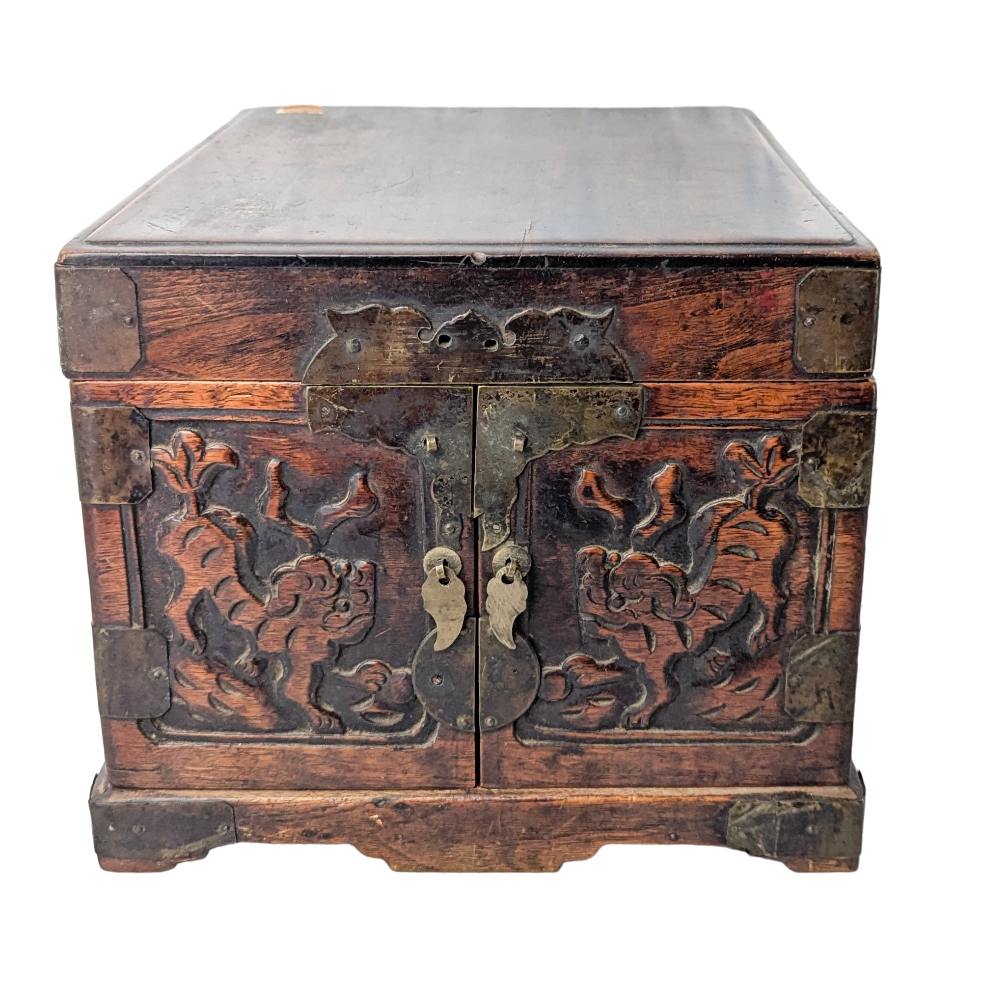 Antique Chinese Wood Travel Foo Dog Dressing Box