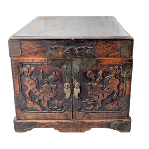 Antique Chinese Wood Travel Foo Dog Dressing Box