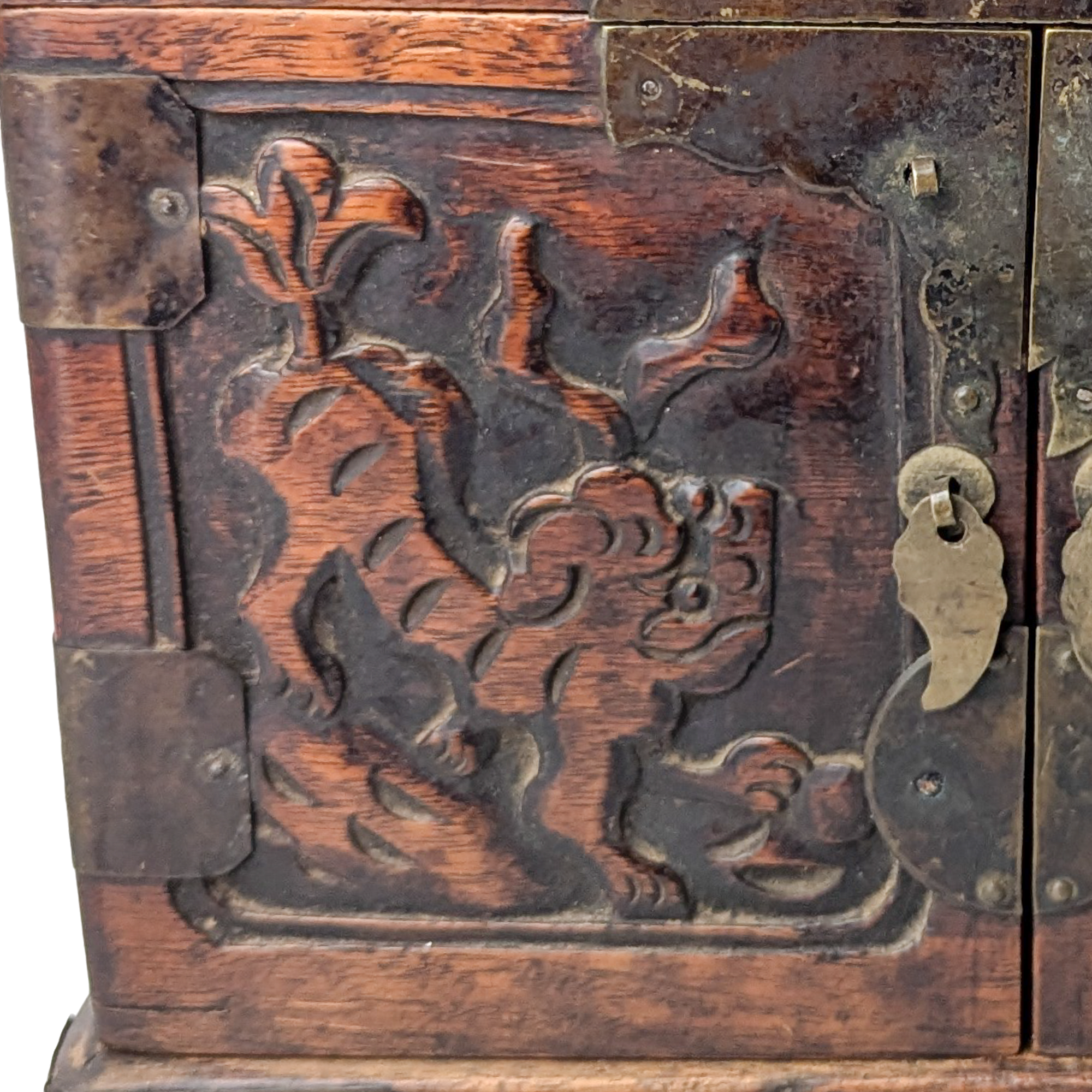 Antique Chinese Wood Travel Foo Dog Dressing Box