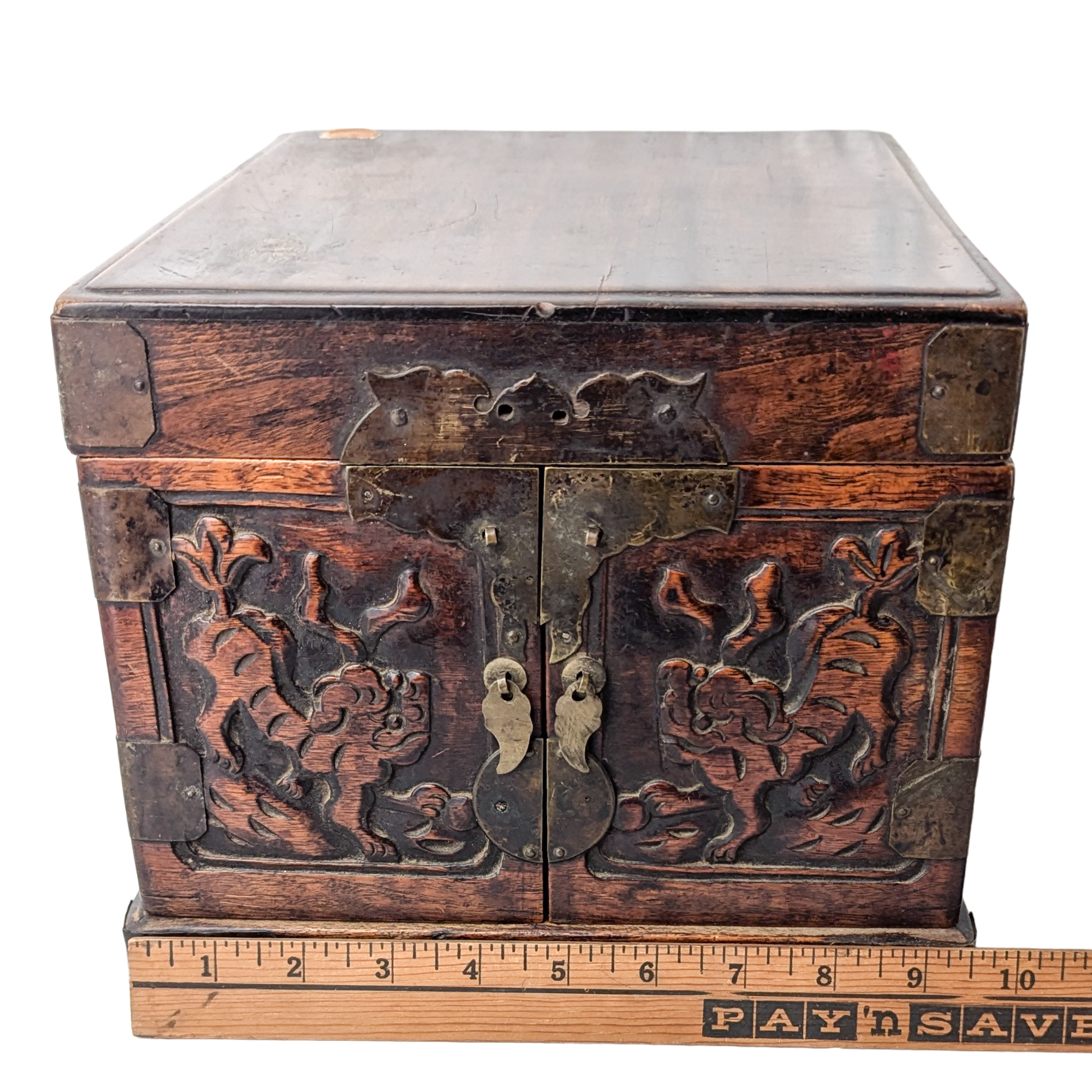 Antique Chinese Wood Travel Foo Dog Dressing Box