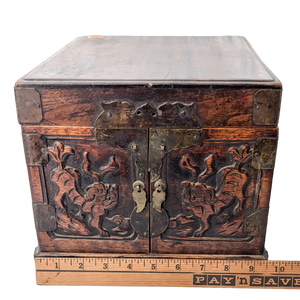 Antique Chinese Wood Travel Foo Dog Dressing Box