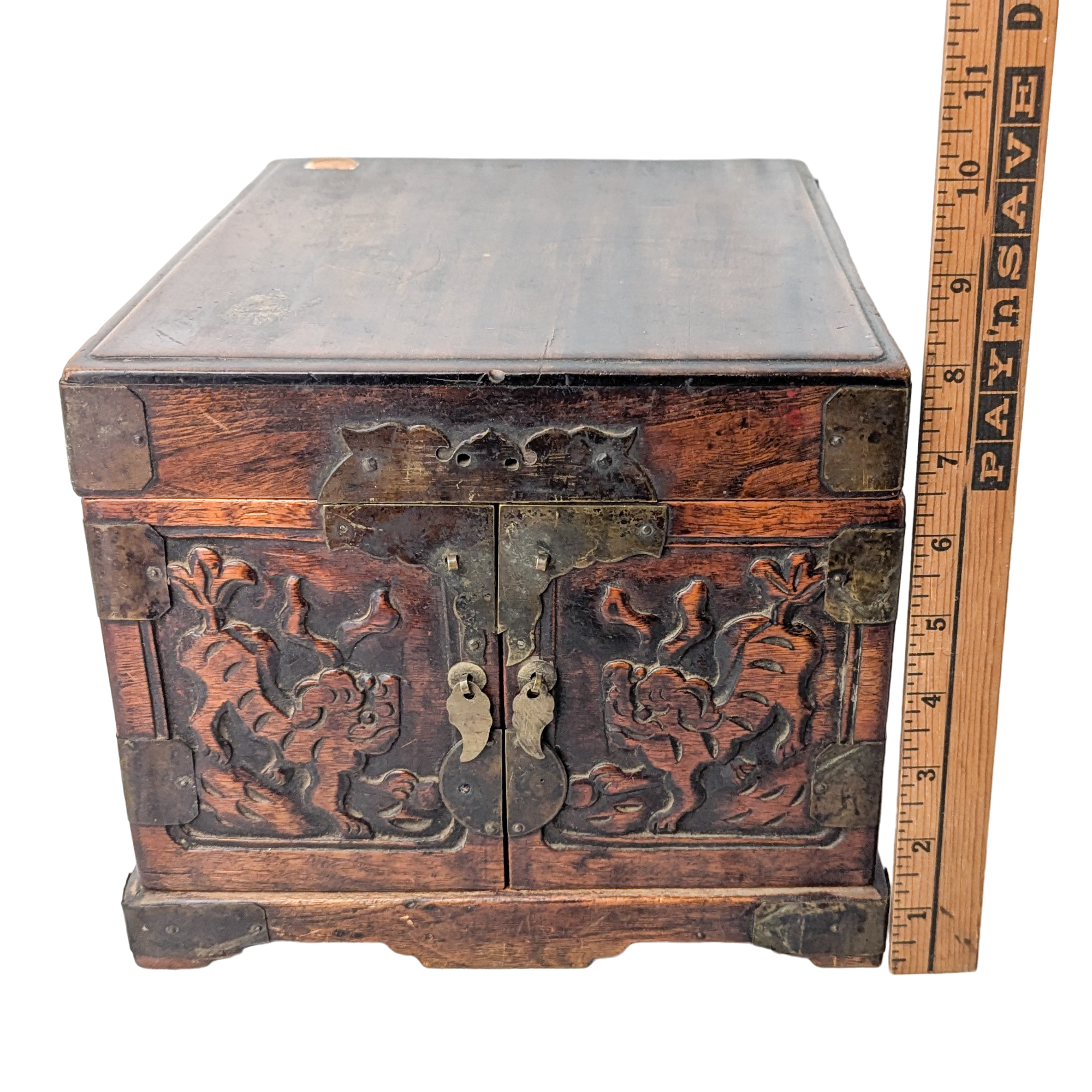 Antique Chinese Wood Travel Foo Dog Dressing Box