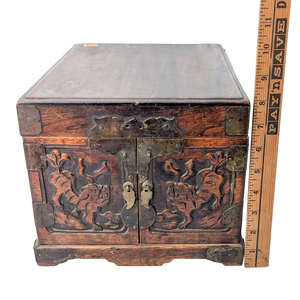 Antique Chinese Wood Travel Foo Dog Dressing Box