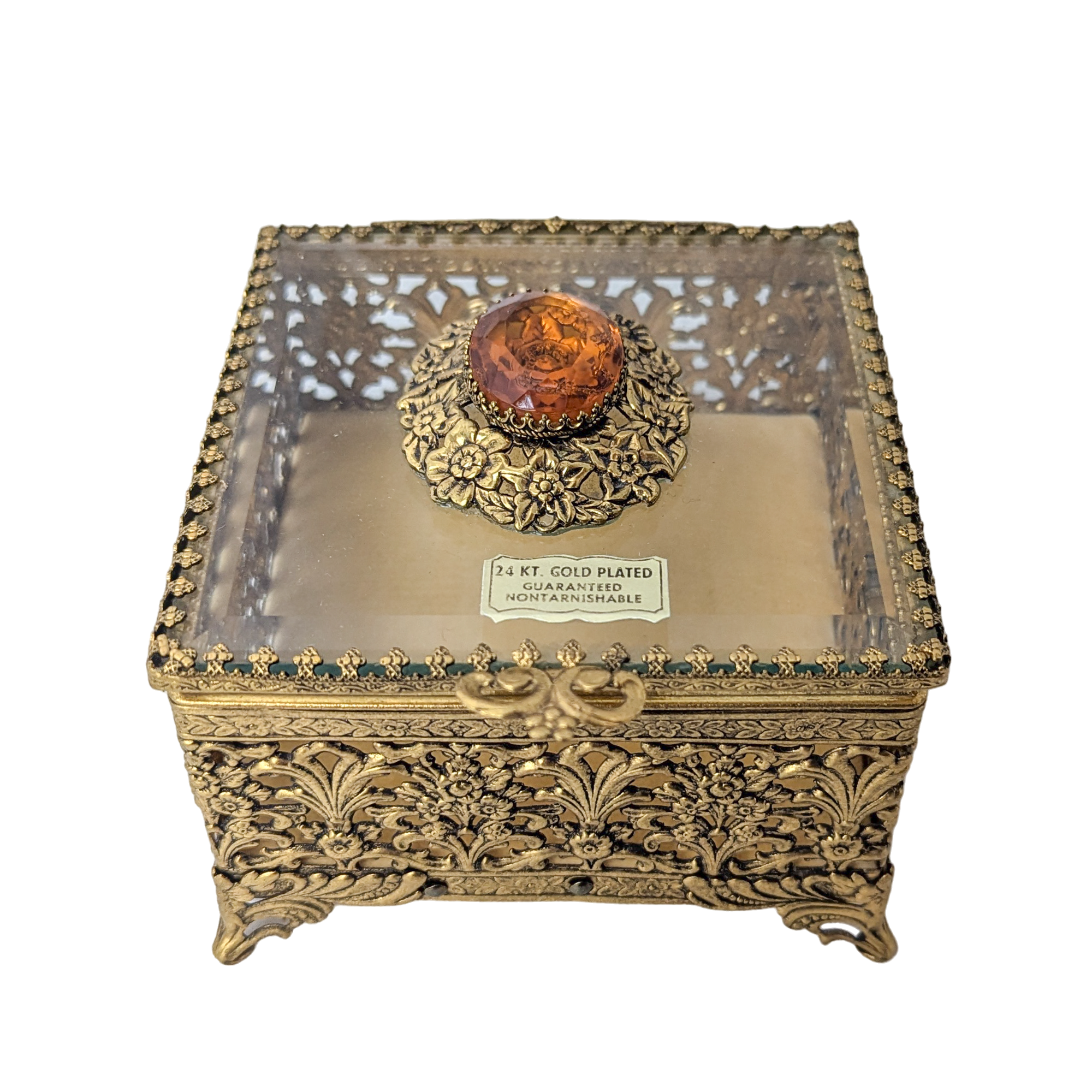 Vintage Ormolu Glass Top Jewelry Casket