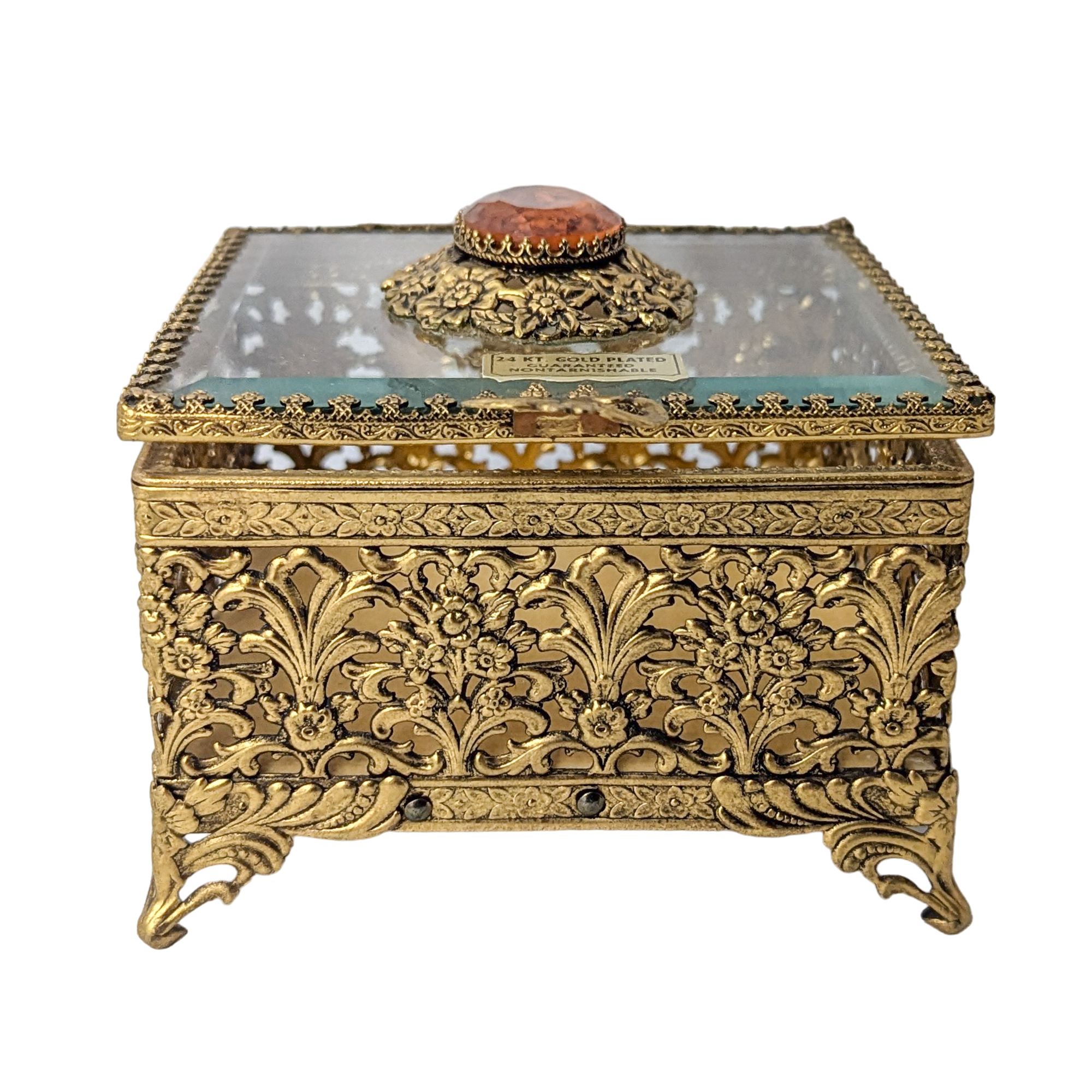 Vintage Ormolu Glass Top Jewelry Casket