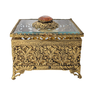 Vintage Ormolu Glass Top Jewelry Casket