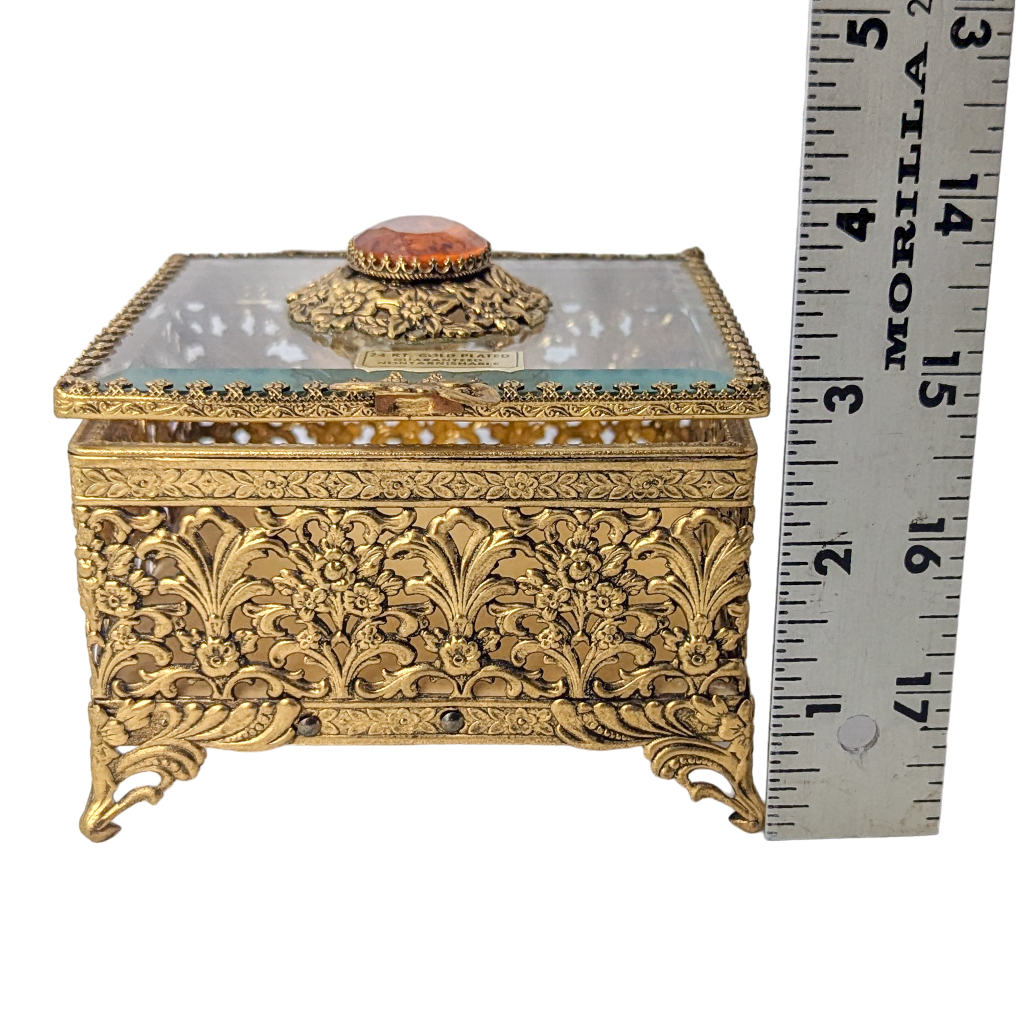 Vintage Ormolu Glass Top Jewelry Casket