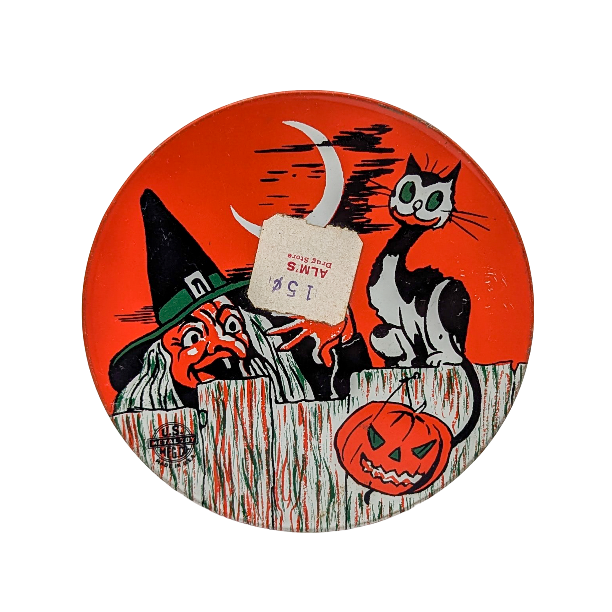 Vintage Halloween Tin Witch & Black Cat Noisemaker