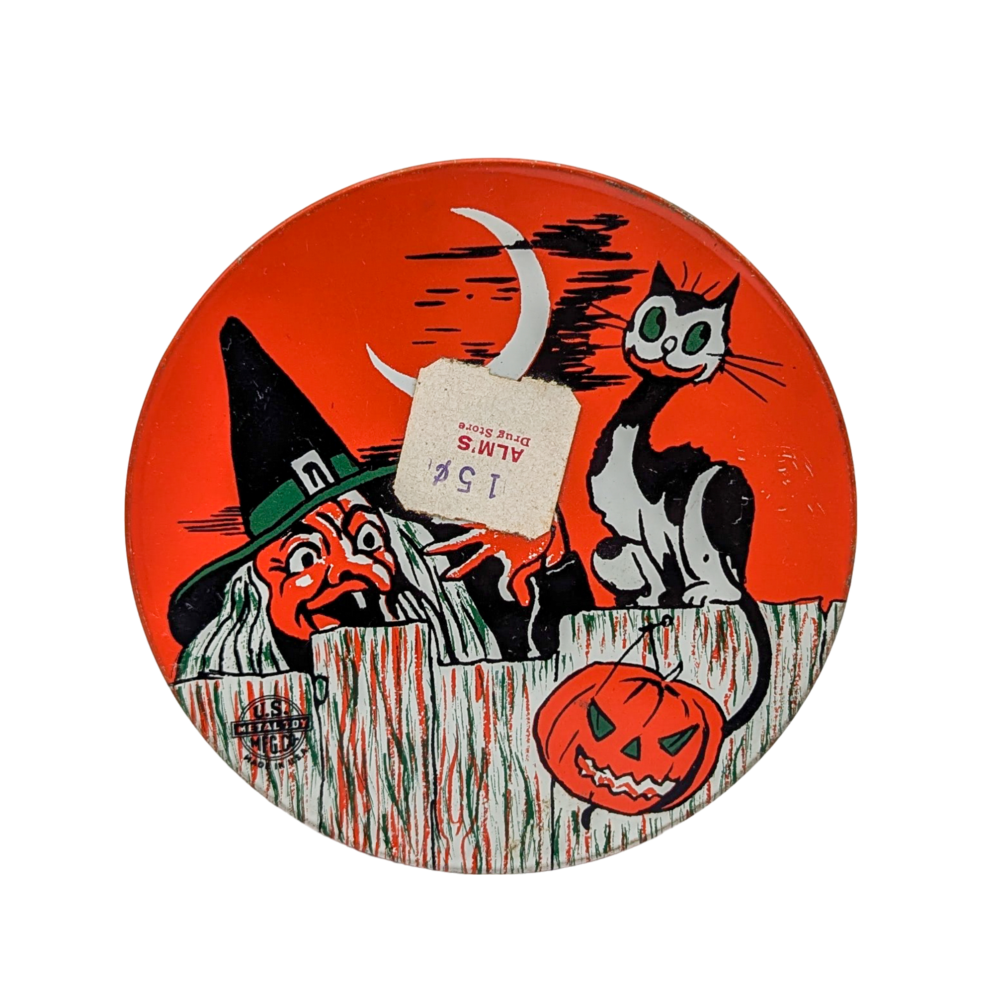 Vintage Halloween Tin Witch & Black Cat Noisemaker