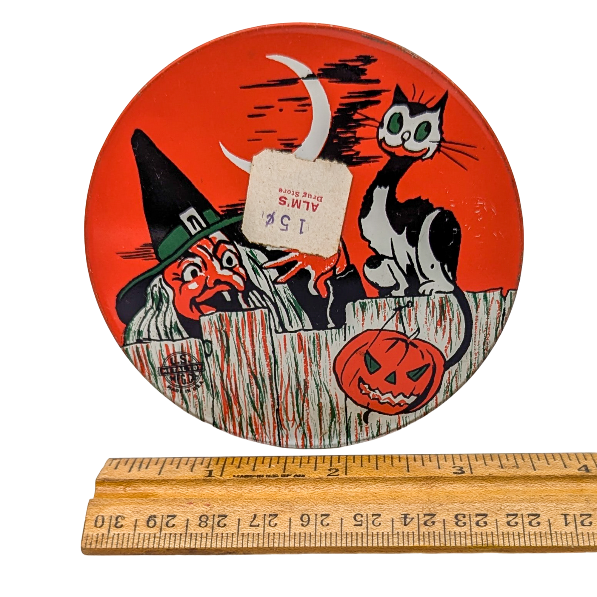 Vintage Halloween Tin Witch & Black Cat Noisemaker