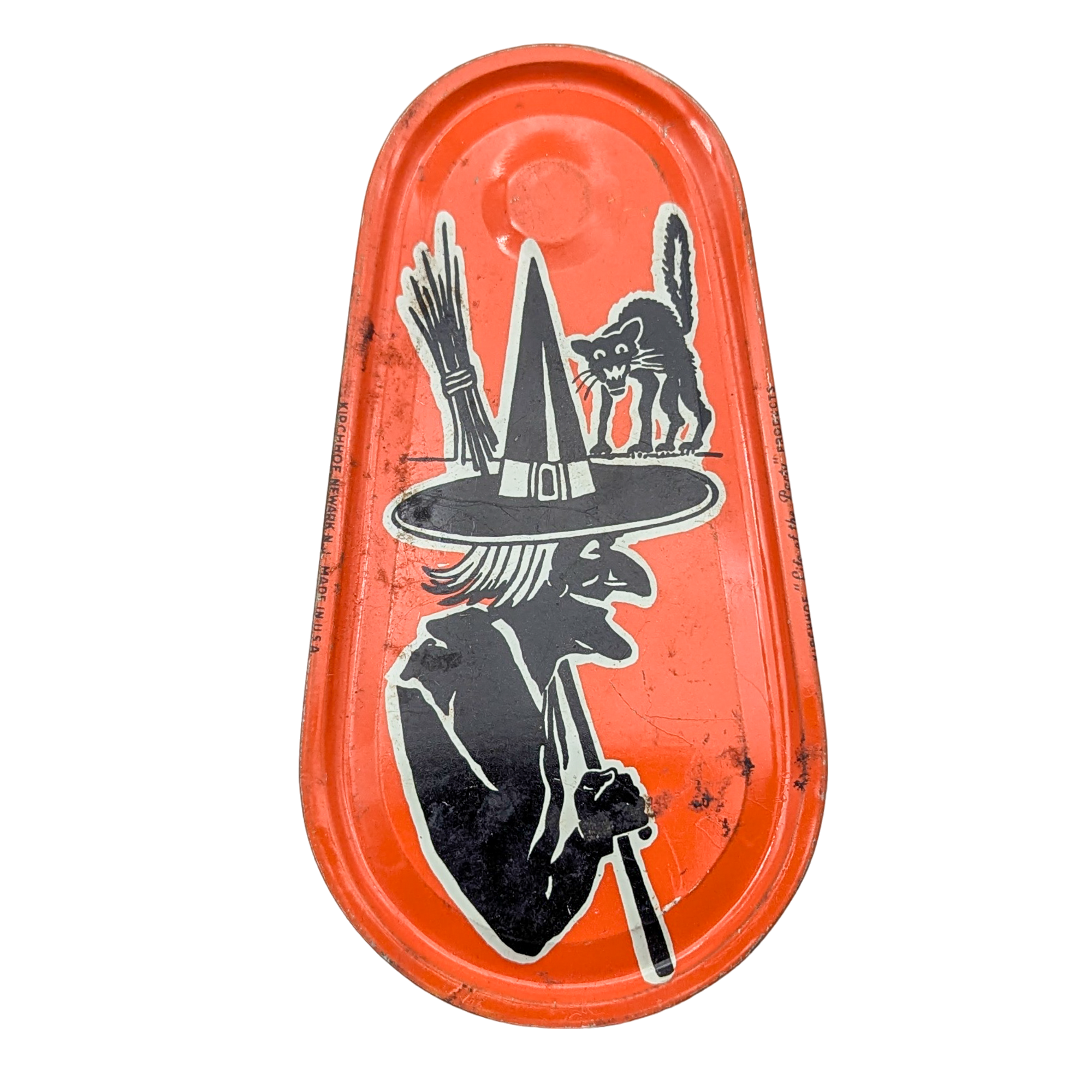 Vintage Halloween Witch & Black Cat Tin Noisemaker