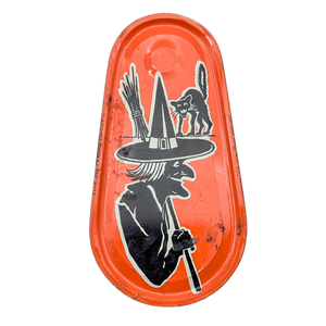 Vintage Halloween Witch & Black Cat Tin Noisemaker