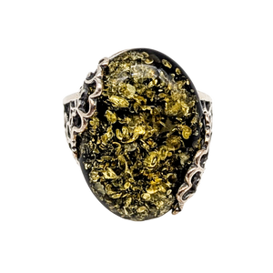 Sterling Silver Baltic Green Amber Cocktail Ring Size 8.75