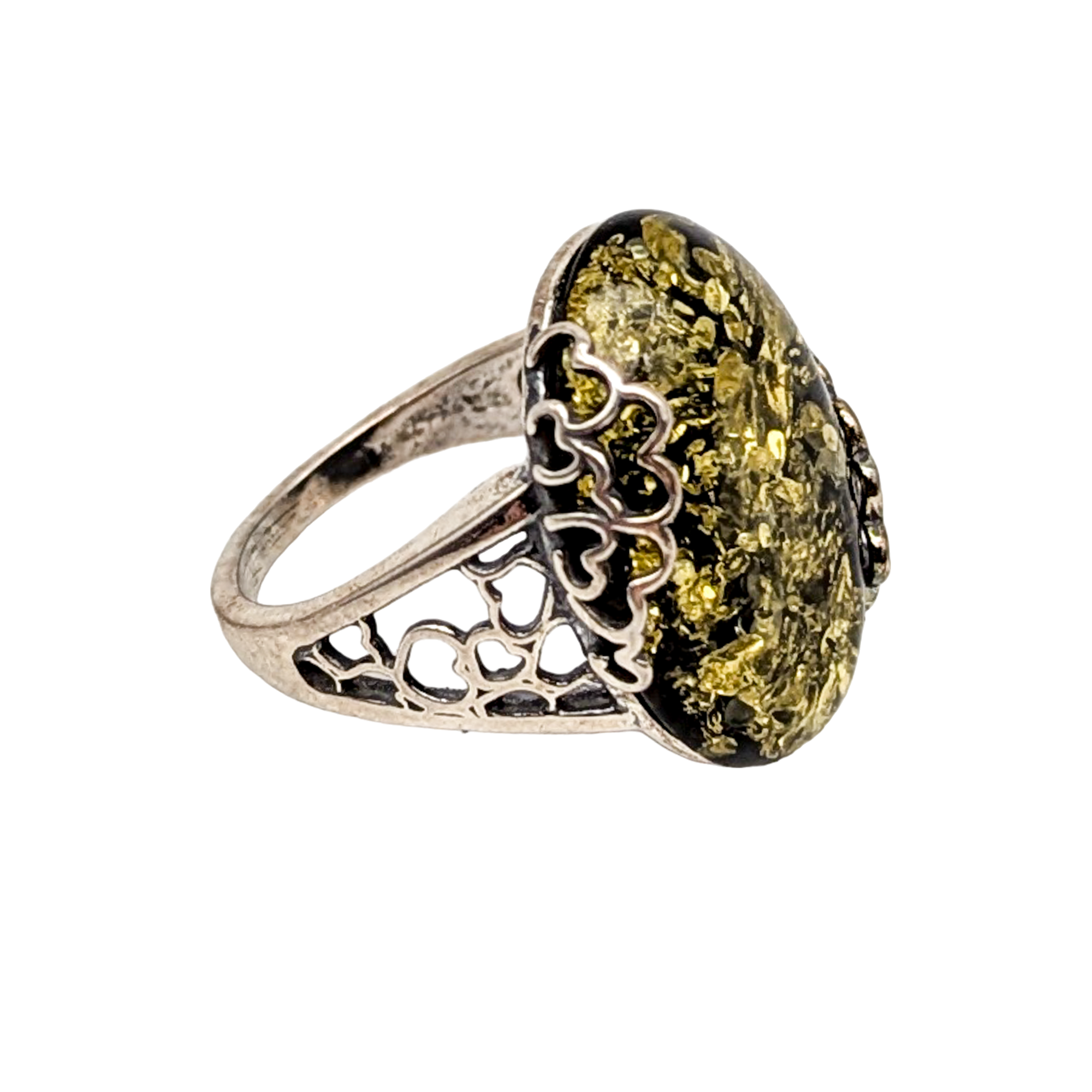 Sterling Silver Baltic Green Amber Cocktail Ring Size 8.75