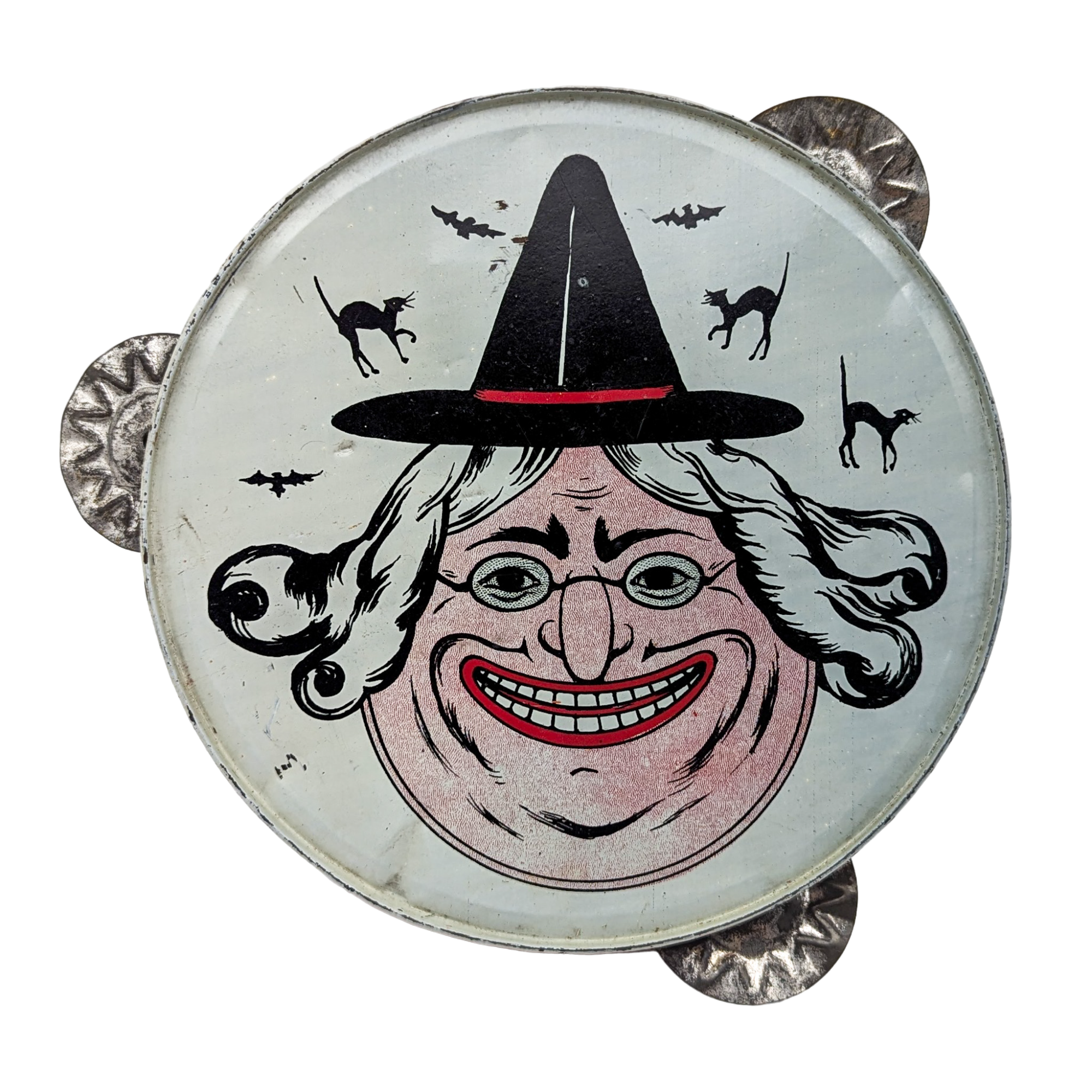 Antique German Halloween Witch Tin Litho Tambourine