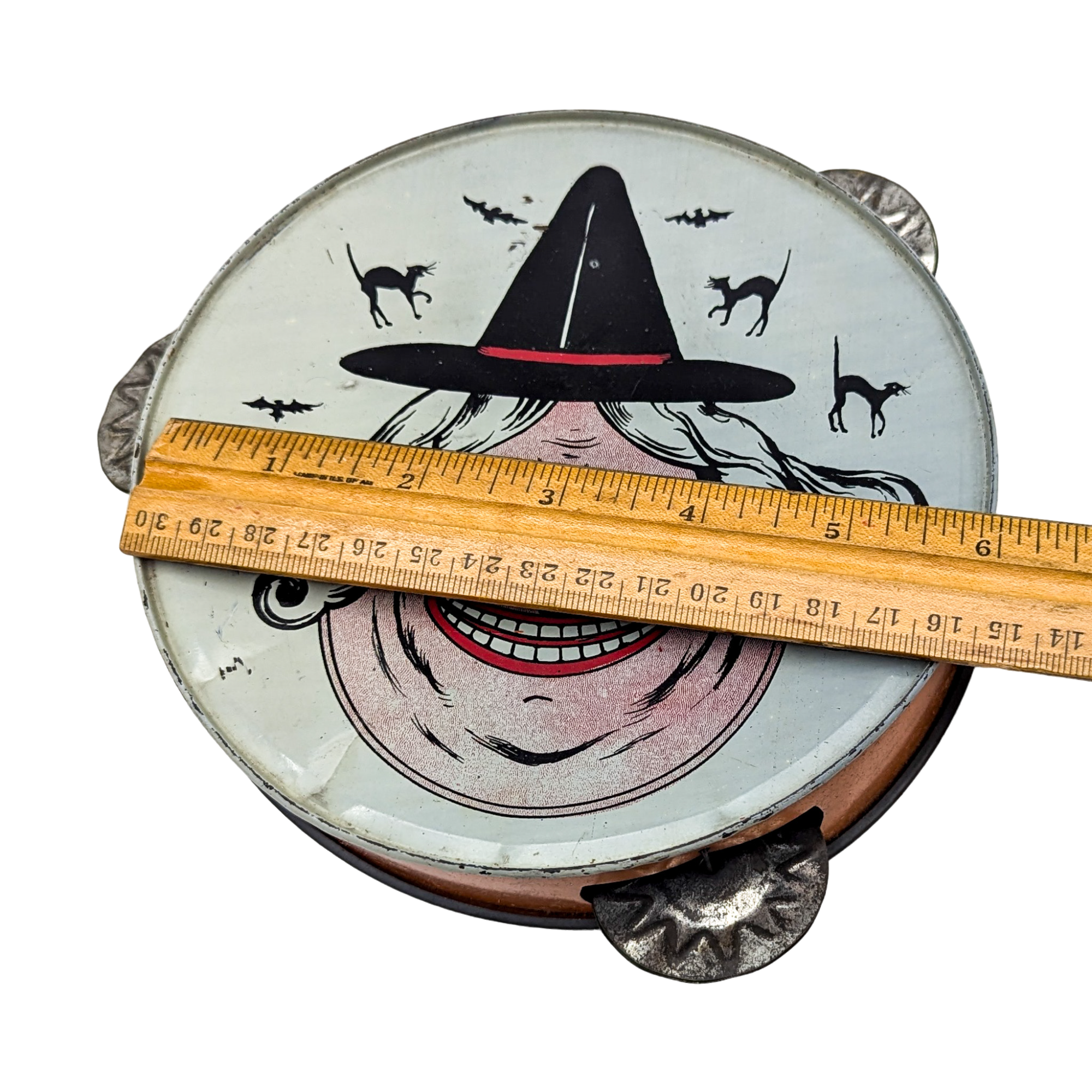 Antique German Halloween Witch Tin Litho Tambourine