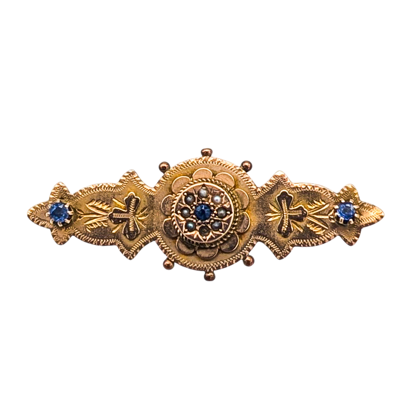 Antique Victorian 9 Karat Gold Brooch With Sapphire