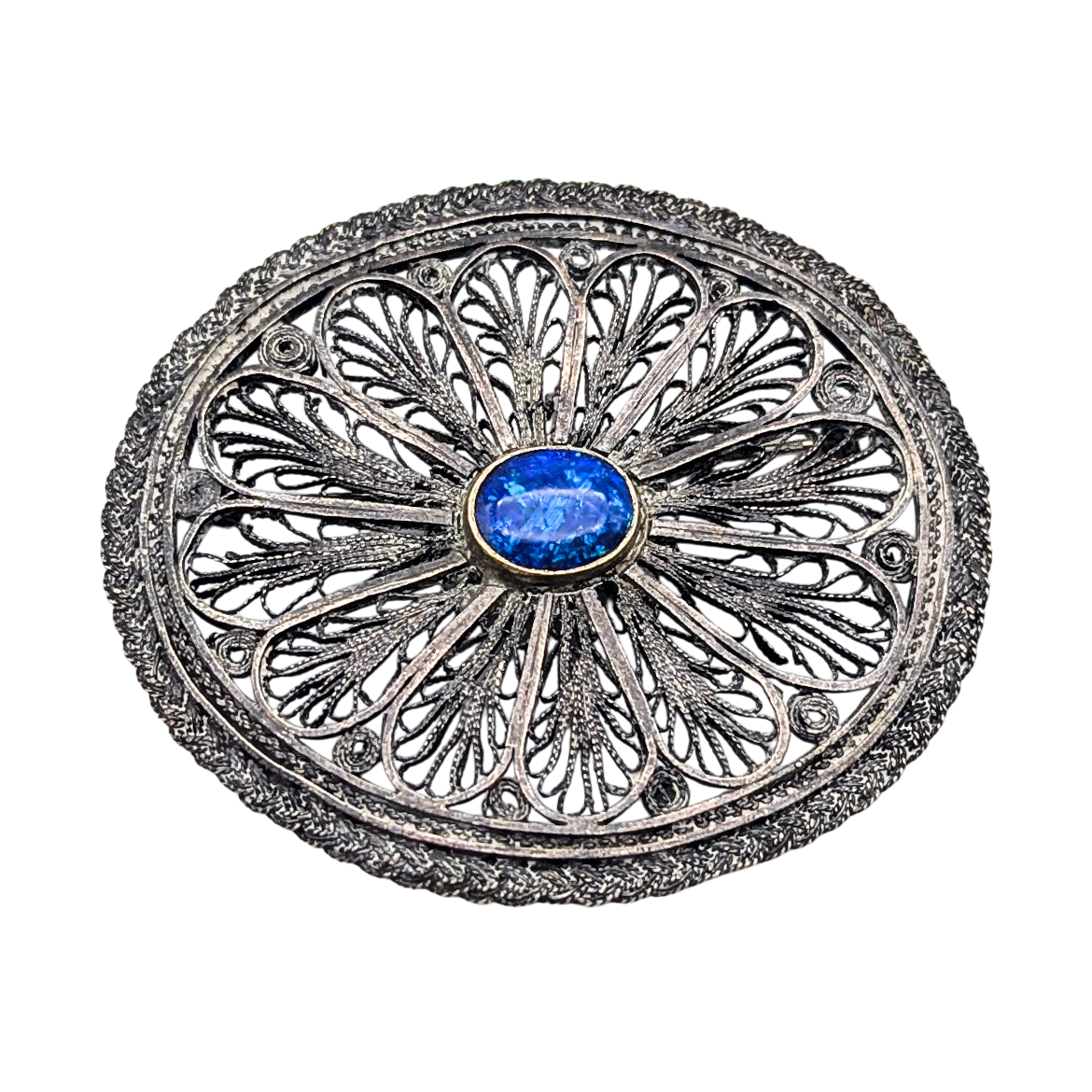 Vintage European Silver Filigree Brooch With Black Opal