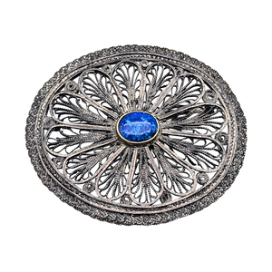 Vintage European Silver Filigree Brooch With Black Opal