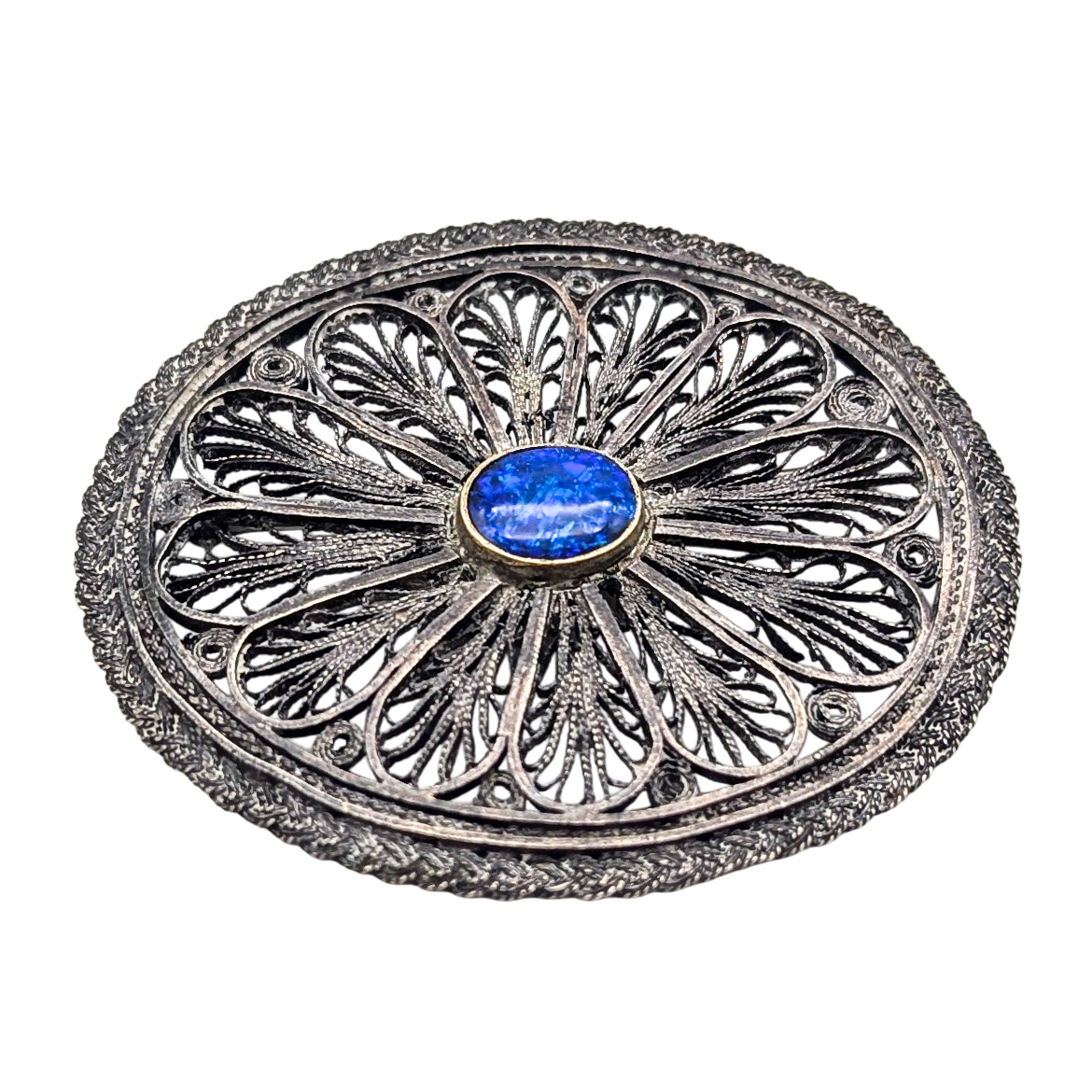 Vintage European Silver Filigree Brooch With Black Opal