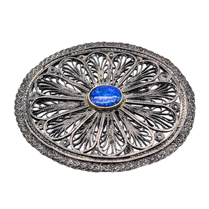 Vintage European Silver Filigree Brooch With Black Opal