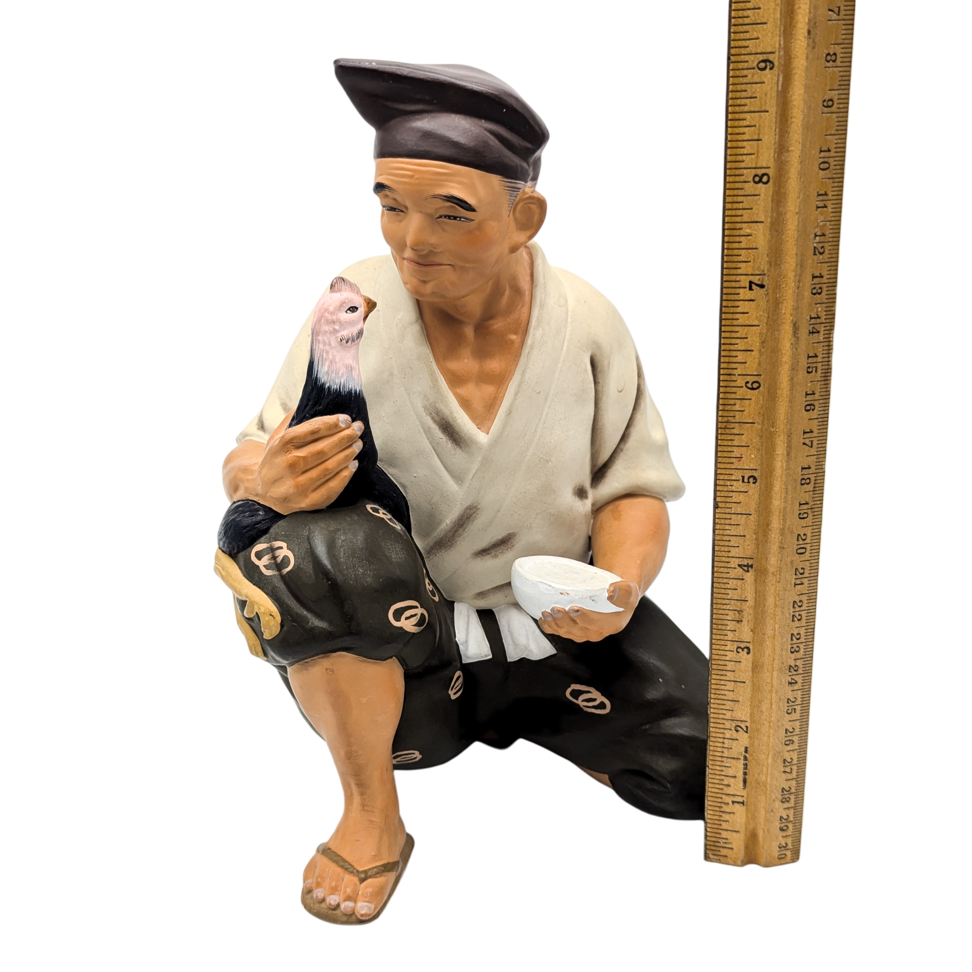 Vintage Japanese Man Holding Rooster Hakata Doll