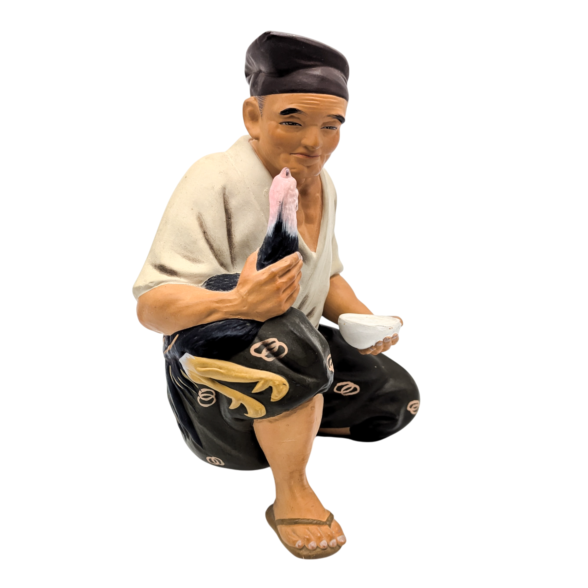 Vintage Japanese Man Holding Rooster Hakata Doll