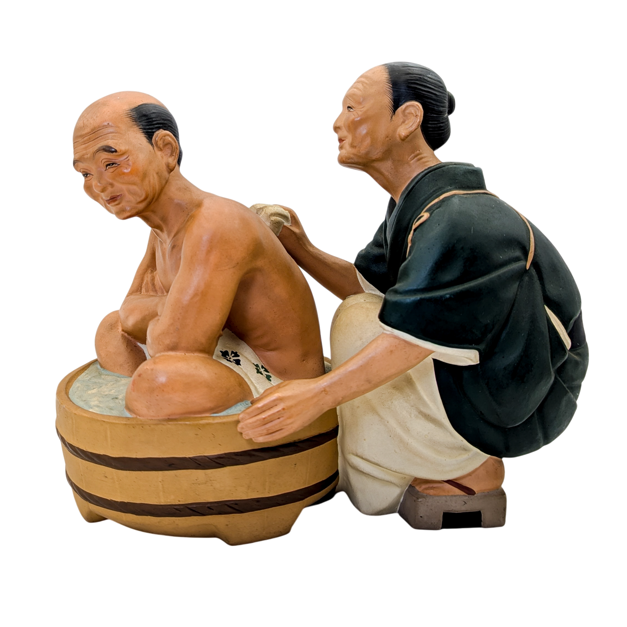 Vintage Japanese Hakata Doll Old Woman Giving Man a Sponge Bath