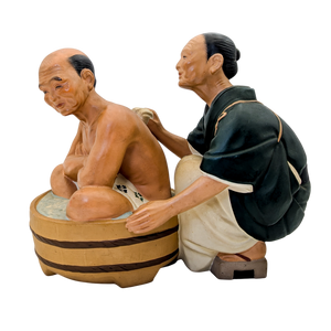 Vintage Japanese Hakata Doll Old Woman Giving Man a Sponge Bath