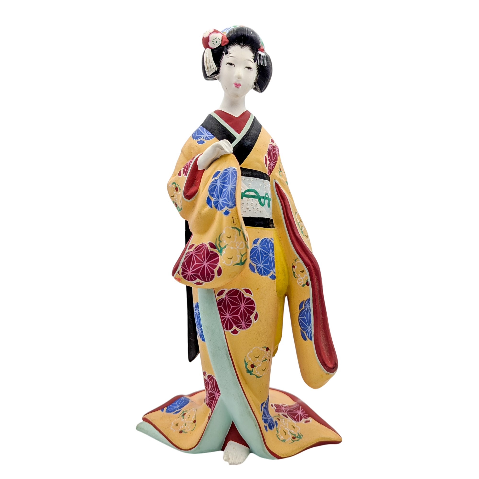 Vintage Japanese Hakata Doll Geisha in Flowing Yellow Kimono