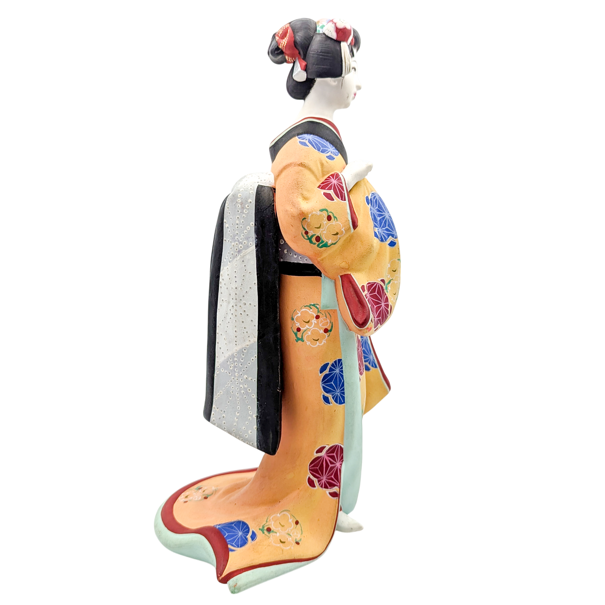 Vintage Japanese Hakata Doll Geisha in Flowing Yellow Kimono